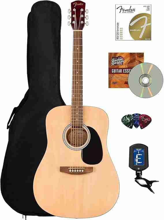 Fender Dreadnought Acoustic Guitar - Natural Bundle with Gig Bag, Tuner, Strings, Picks, and Austin Bazaar Instructional DVD