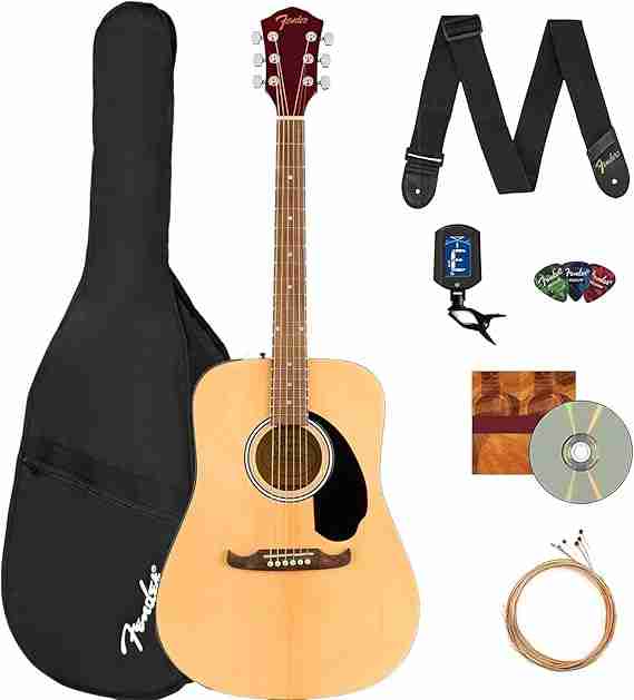 Fender FA-125 Dreadnought Acoustic Guitar - Natural Bundle with Gig Bag, Tuner, Strap, Strings, Picks, and Austin Bazaar Instructional DVD