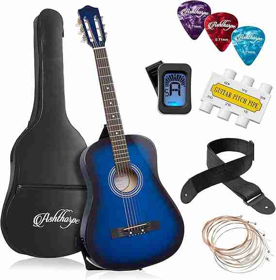 Best Sounding Guitars of the Year: Ashthorpe 38-inch Beginner Acoustic Guitar Package (Blue), Basic Starter Kit w/Gig Bag, Strings, Strap, Tuner, Pitch Pipe, Picks